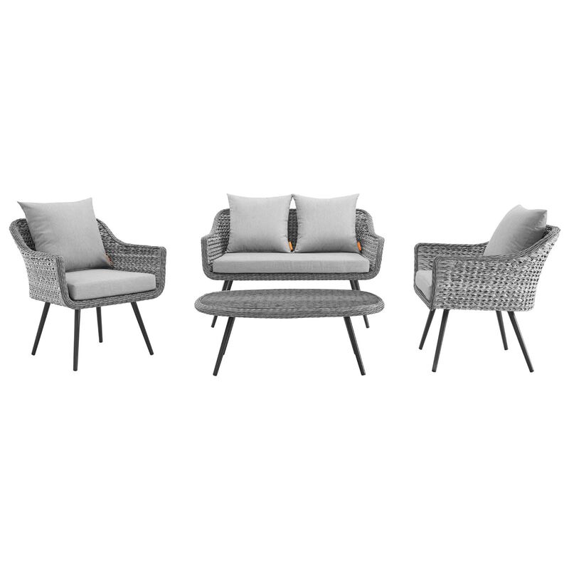 Modway - Endeavor 4 Piece Outdoor Patio Wicker Rattan Loveseat Armchair and Coffee Table Set Gray