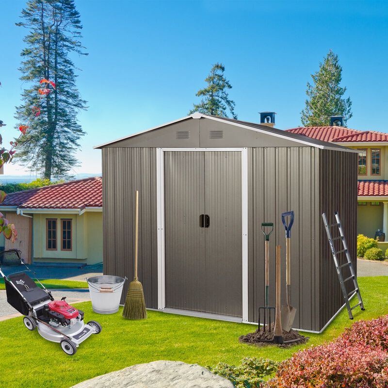 MONDAWE 8ft x 6ft Outdoor Metal Storage Shed with Floor Base,Gray