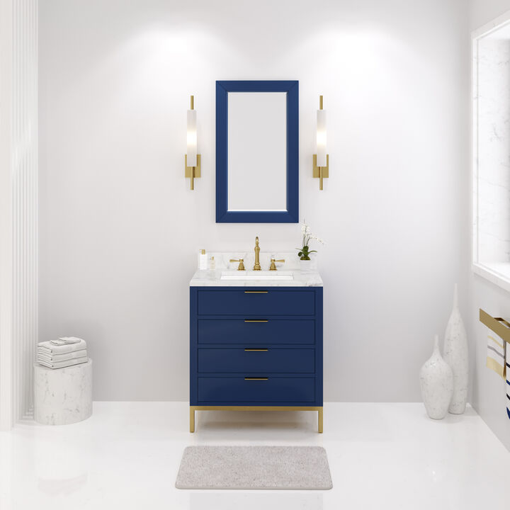 Bristol 30 In. Single Sink Carrara White Marble Countertop Bath Vanity in Monarch Blue