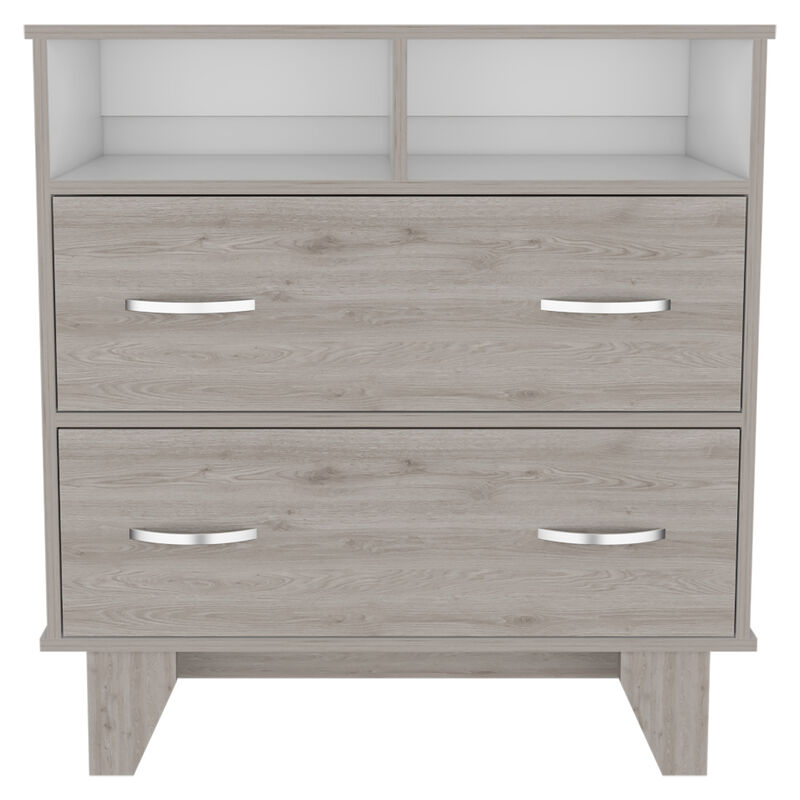 DEPOT E-SHOP Stamford Two Drawer Dresser, Four Legs, Two Open Shelves, Superior Top, Black