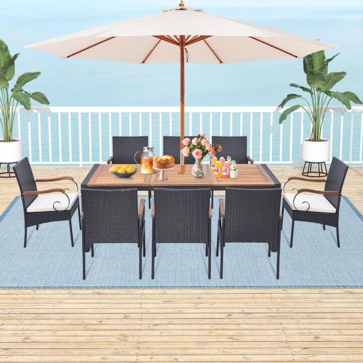 Hivvago 9 Pieces  Patio Rattan Dining Set with Acacia Wood Table for Backyard  Garden-Curved Handrail