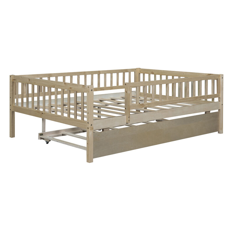 Full Size Wood Daybed With Trundle And Fence Guardrails