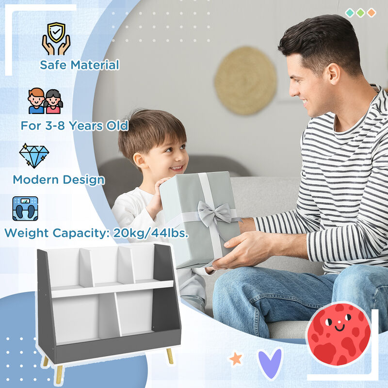 Qaba Kids Bookcase, 2 Tier Toddlers Toy Storage Organizer, Children Book Shelf with 5 Compartments, Anti-tip Device, Pine Wood Legs for Nursery, Playroom, Classroom, Gray