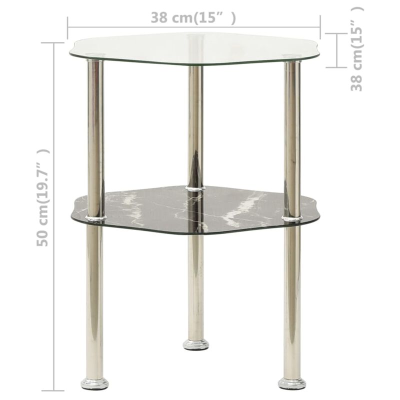 vidaXL 2-Tier Side Table Transparent & Black 15"x15"x19.7" Tempered Glass