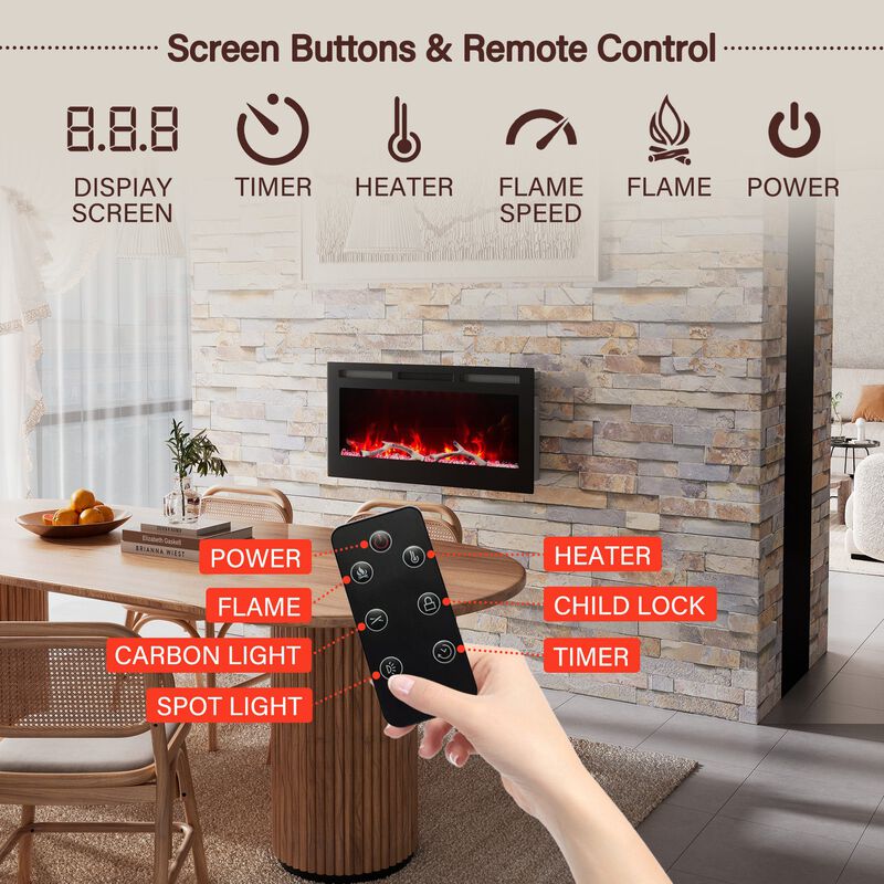 36 Inch 1500W  Versatile Installation Electric Fireplace with Multicolor Flame