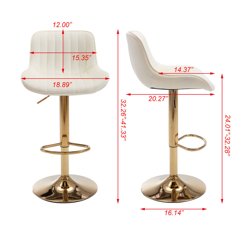 Chrome Footrest and Base Swivel Height Adjustable Mechanical Lifting Velvet + Golden Leg Simple Bar Stool, Set of 2, Ivory