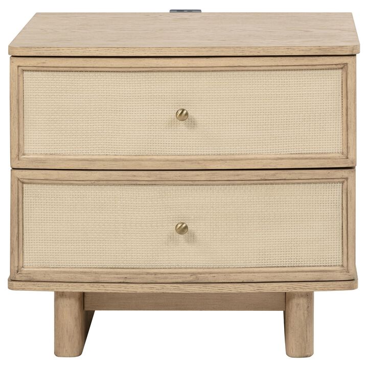 Lno Nightstand, 2 Cane Accent Drawers w Brass Knobs, USB, Oak Beige - Benzara
