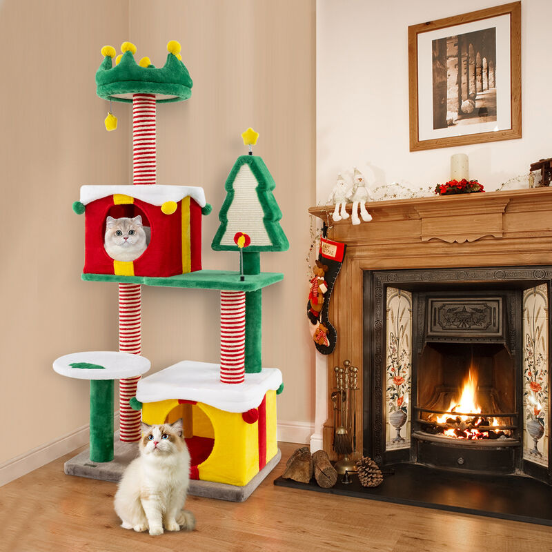 Cute Christmas Cat Tree Cat Tower for Indoor Cats with Scratching Posts and Carpet