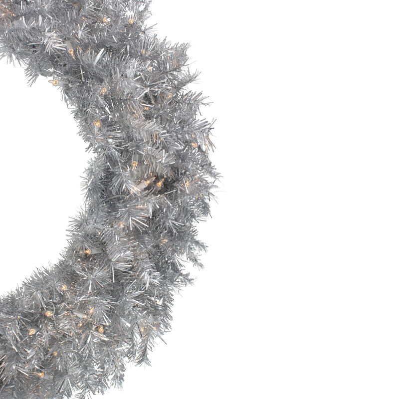 36" Pre-Lit Silver Tinsel Artificial Christmas Wreath  Clear Lights
