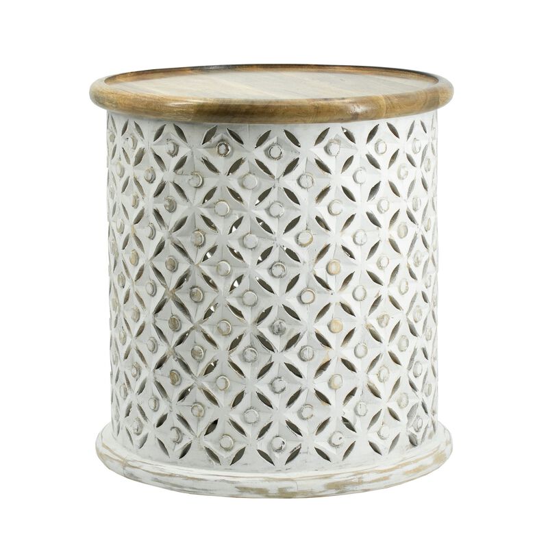 18, 16 Inch Accent Tables, Round, Mango Wood, Floral Cut Out, Brown, White - Benzara
