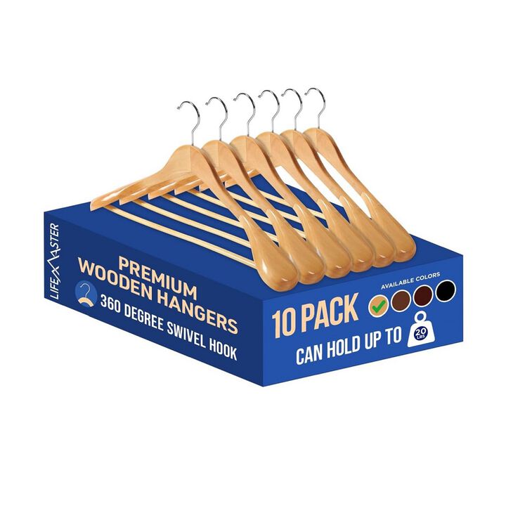 Solid Wooden Hanger Set - 10 Pieces Non-Slip Versatile Closet Space-Saving Hanger Set for Suit, Coat, Camisole, Jacket, Pants, and Dresses with 360° Swivel Hook