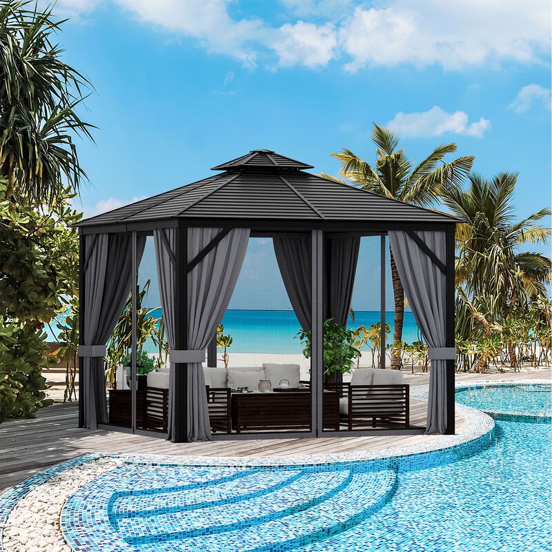 10 x 10 Feet Double-Top Hardtop Gazebo with Galvanized Steel Roof for Outdoor Shade and Protection