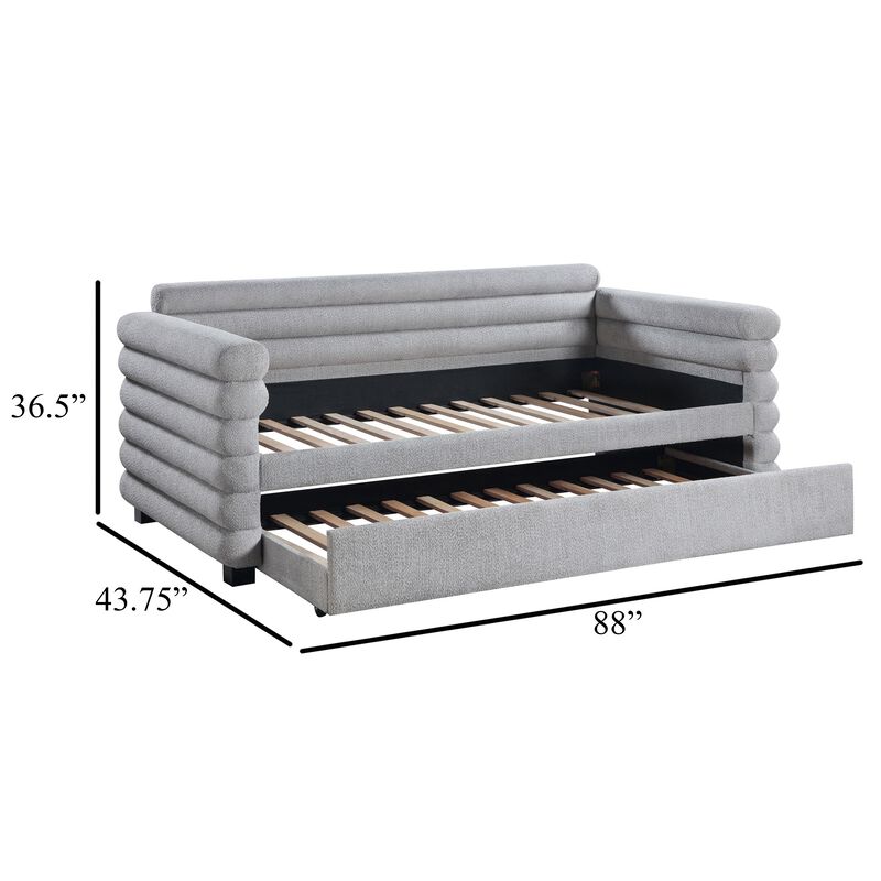 Ricia Twin Daybed with Twin Trundle, Layer Bolster Design, Gray Boucle - Benzara