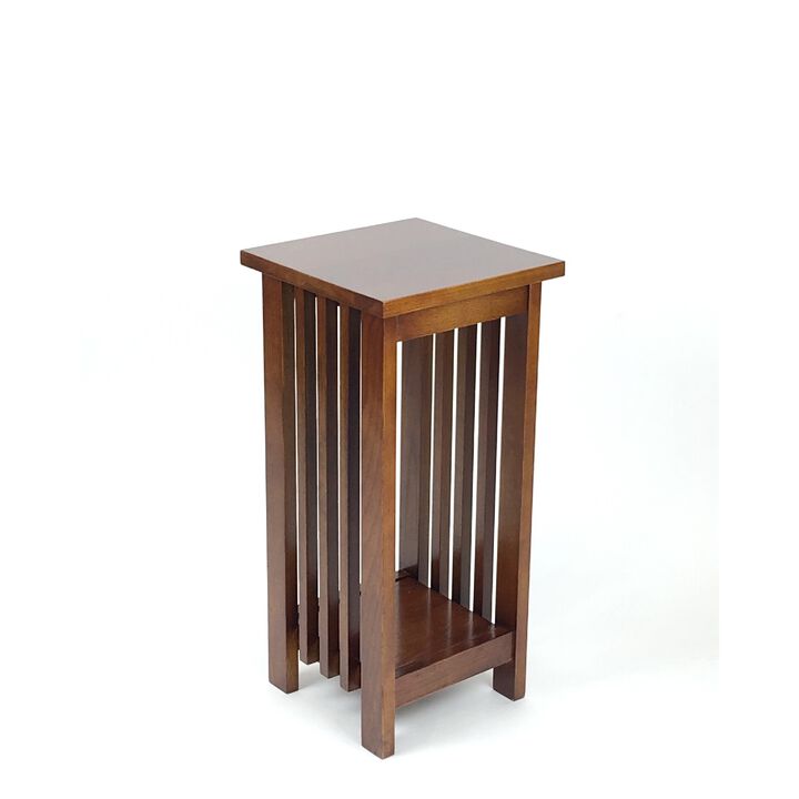 25 Inch Wooden Flower Stand with Slatted Sides and Bottom Shelf, Brown-Benzara