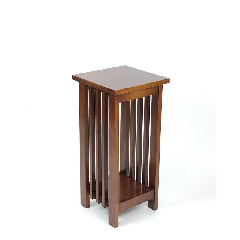 25 Inch Wooden Flower Stand with Slatted Sides and Bottom Shelf, Brown-Benzara