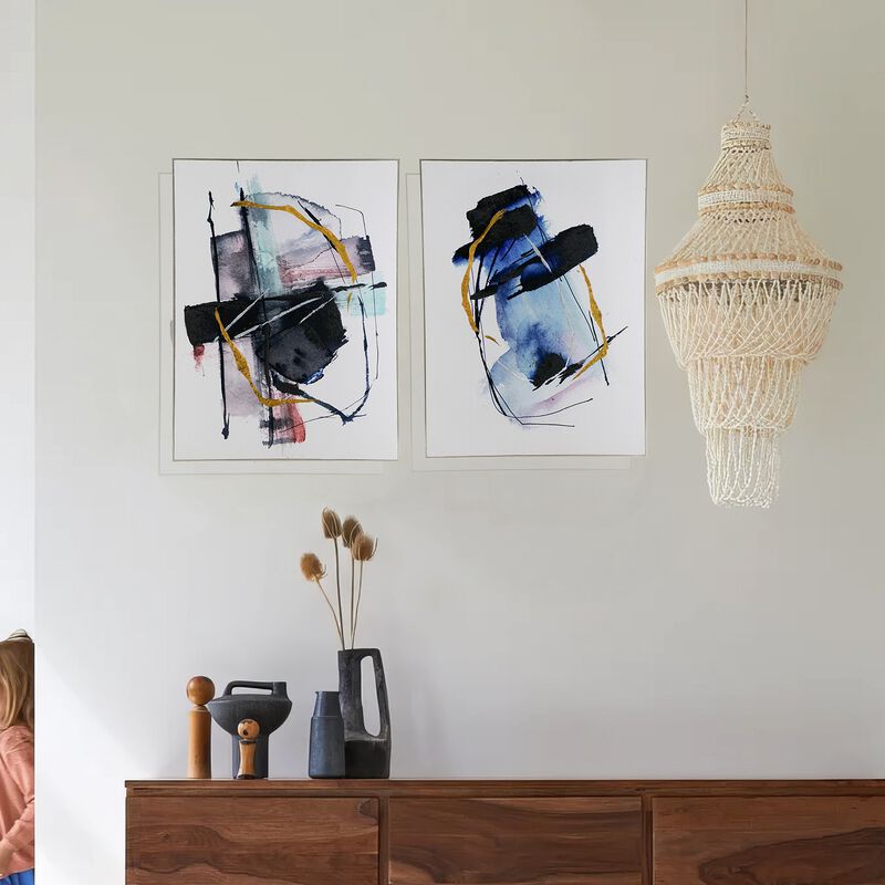 24 x 32 Abstract Wall Art Set of 2, Black and Blue Painting, Silver Wood - Benzara