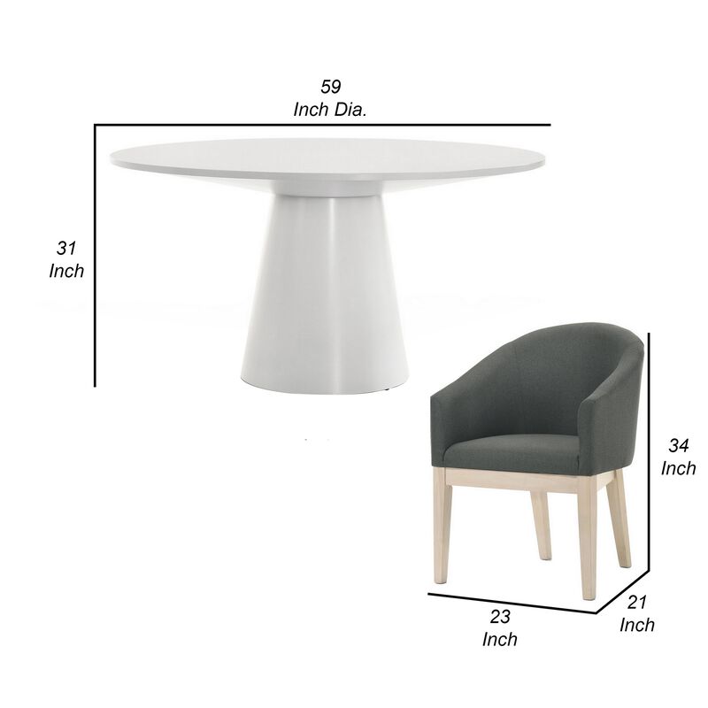 Yuvi 3 Piece Dining Table and Chair Set, Round, Barrel Seat, White, Gray - Benzara
