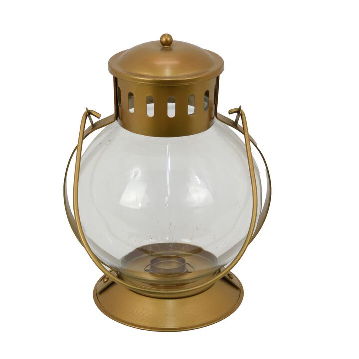 Decorative Lantern, Round Glass Shade, Handle, Golden Metal, 12 Inch - Benzara