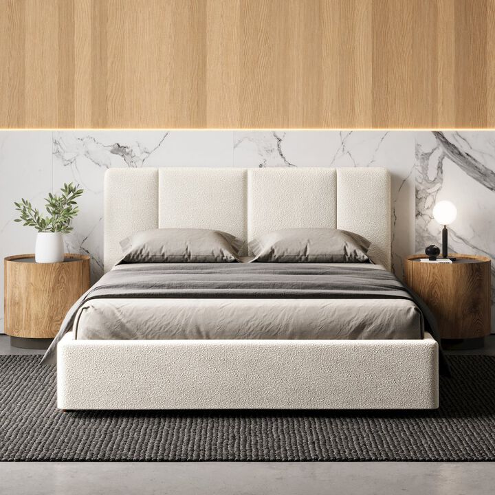 Omax Decor Venice Upholstered Platform Queen Bed in Cream Beige Boucle Fabric