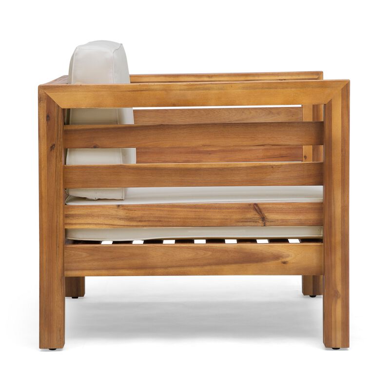Carie Outdoor Accent Chair, Beige, Soft Cushions, Brown Acacia Wood - Benzara