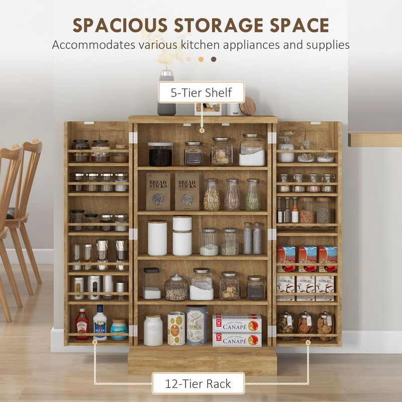 41" Natural Rattan Kitchen Pantry: 12 Door Shelves, 5-Tier, Adjustable