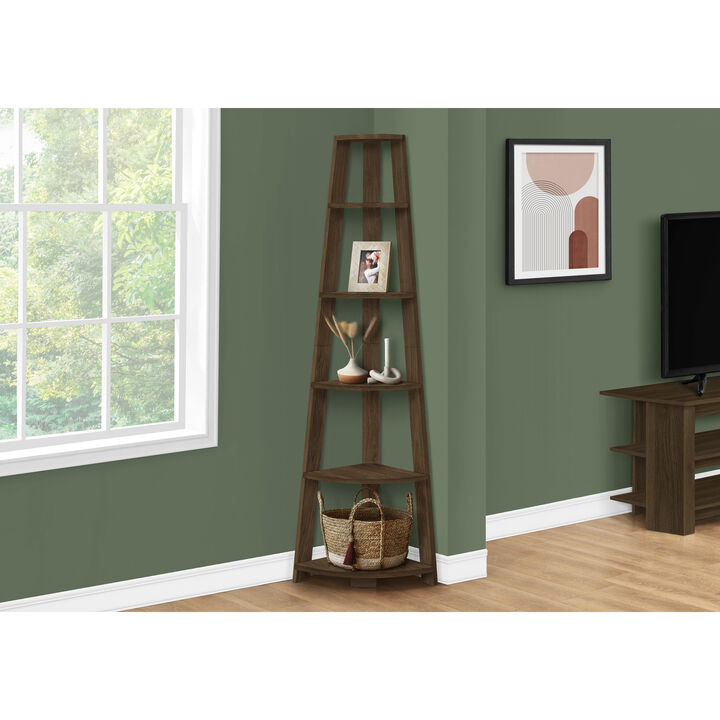 Monarch Specialties I 2464 Bookshelf, Bookcase, Etagere, Corner, 5 Tier, 72"H, Office, Bedroom, Laminate, Walnut, Contemporary, Modern