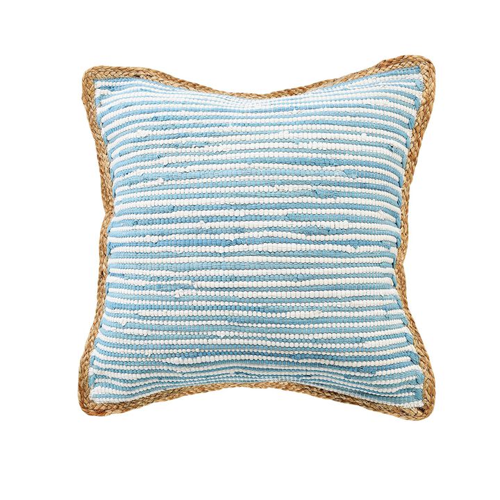 20" Blue and White Striped Square Throw Pillow with Brown Border