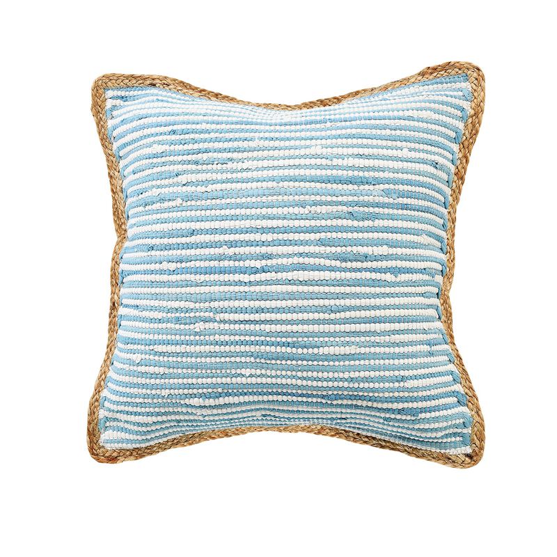 20" Blue and White Striped Square Throw Pillow with Brown Border