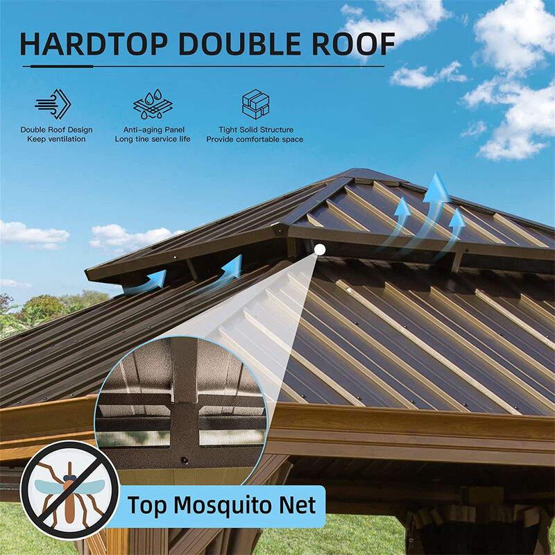 MONDAWE 12x12ft Hardtop Gazebo, Wooden Coated Aluminum Frame Canopy with Galvanized Steel Double Roof, Outdoor Permanent Metal Pavilion with Curtains and Netting for Patio, Deck and Lawn(Wood-Looking)