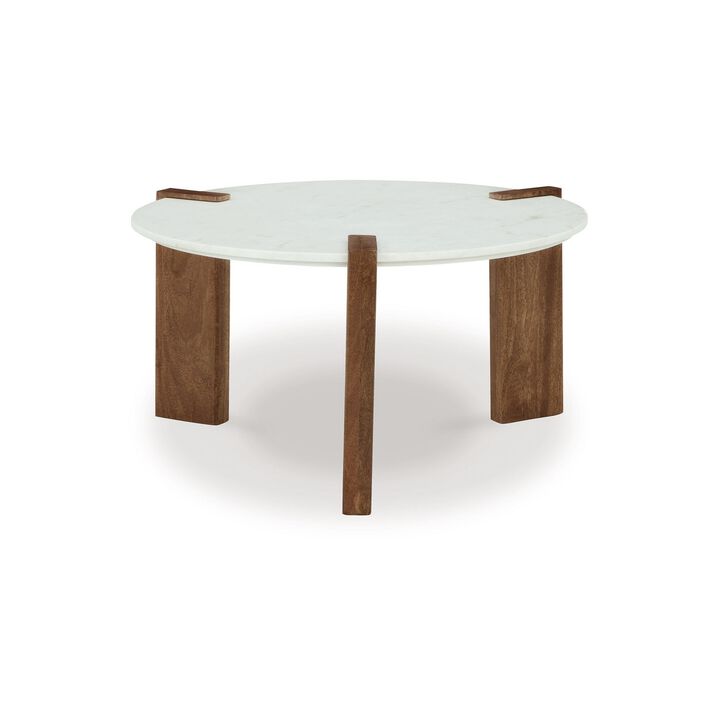 Wrenn Cocktail Coffee Table, White Marble, 33 Inch Brown Mango Wood - Benzara