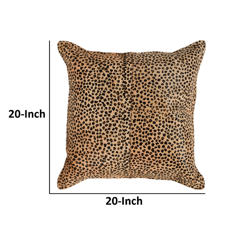 20 x 20 Leather Accent Throw Pillow, Leopard Print Beige Black, Down Insert-Benzara