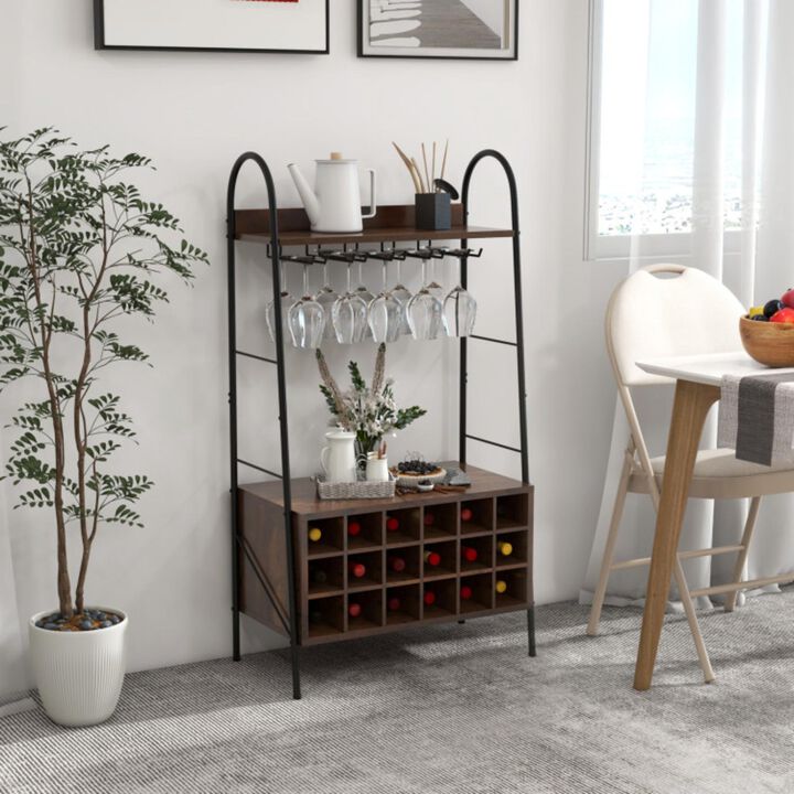 Hivvago Baker's Rack with Detachable Wine Rack and 5 Rows of Stemware Holder-Rustic Brown