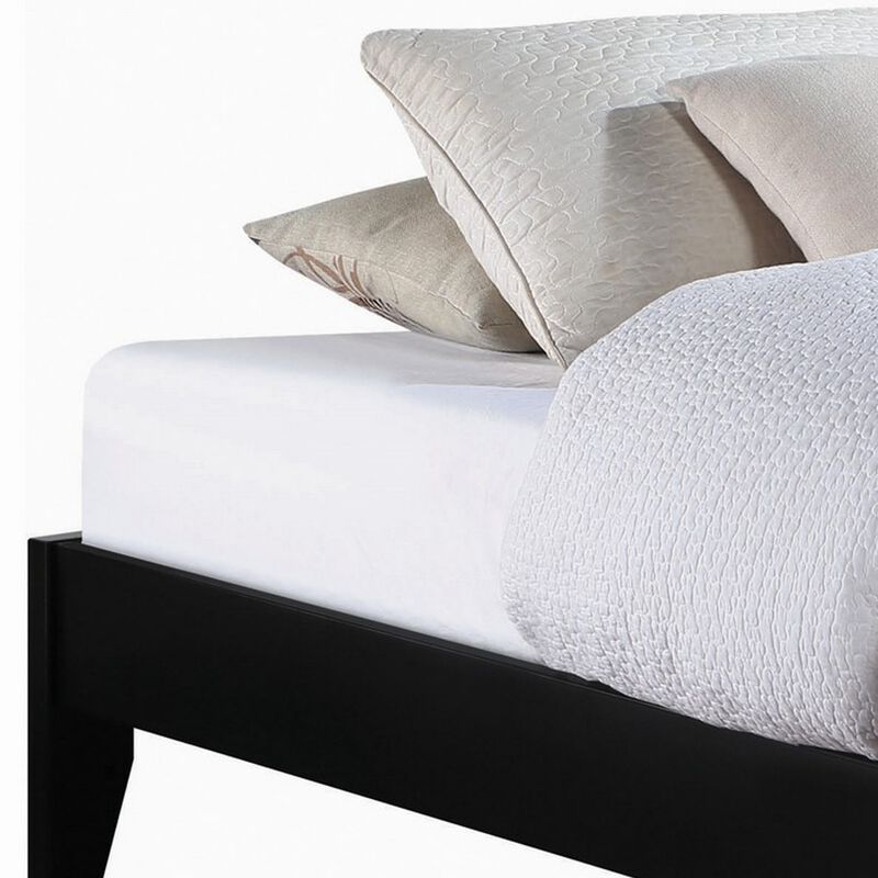 Cavi Queen Platform Bed Frame, Low Profile Tapered Legs, Black Wood - Benzara