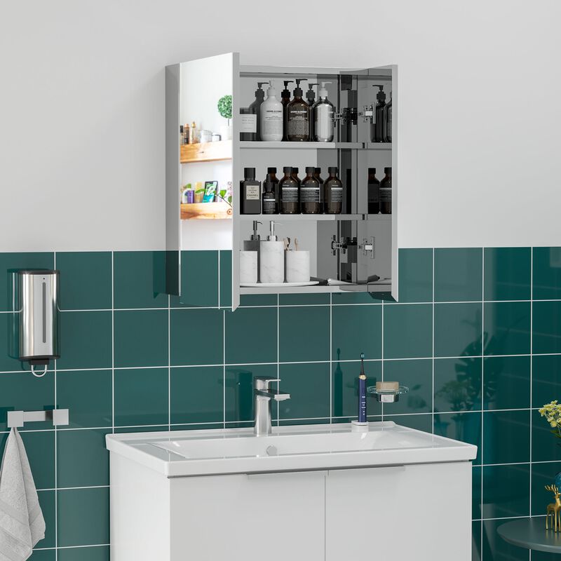 Silver Bathroom Organizer: Mirrored Medicine Cabinet with 3-Tier Shelves