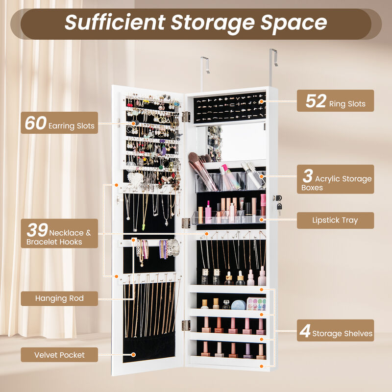 Jewelry Mirror Cabinet with Adjustable Hangers and Storage for Accessories