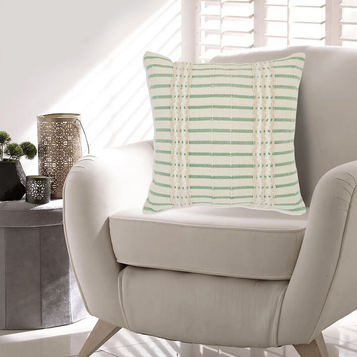 Tony 20 Inch Throw Pillow Set of 4, Striped Design, White and Green Cotton -