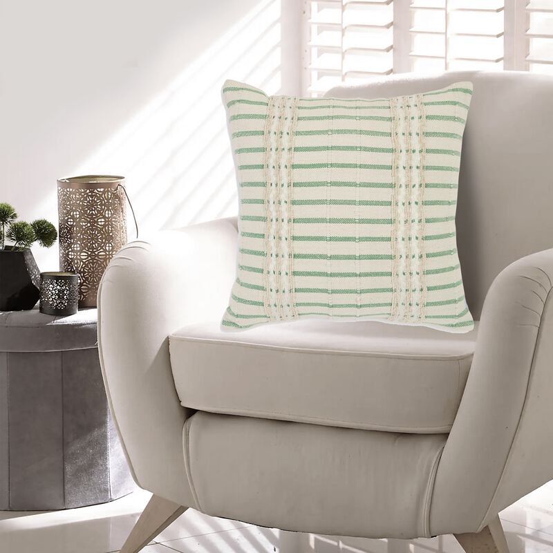 Tony 20 Inch Throw Pillow Set of 4, Striped Design, White and Green Cotton -