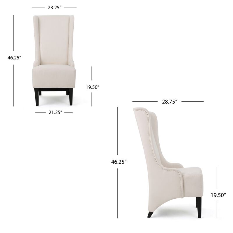 Becca Dining Chair, Beige Fabric, High Wingback, Tapered Black Legs - Benzara