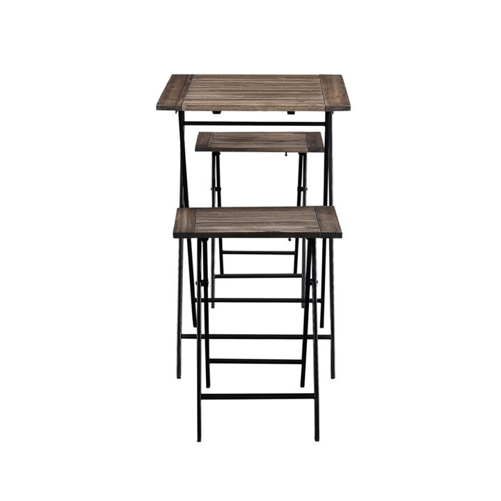 3 Piece Foldable Wood and Metal Dining Set with X Frame Leg,Brown and Black-Benzara