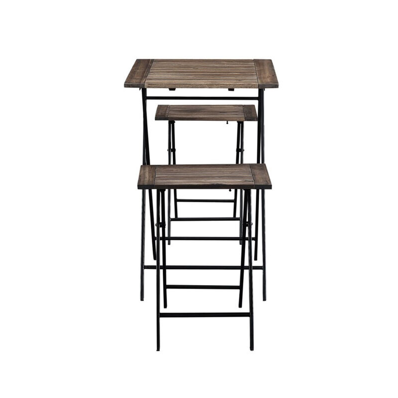 3 Piece Foldable Wood and Metal Dining Set with X Frame Leg,Brown and Black-Benzara