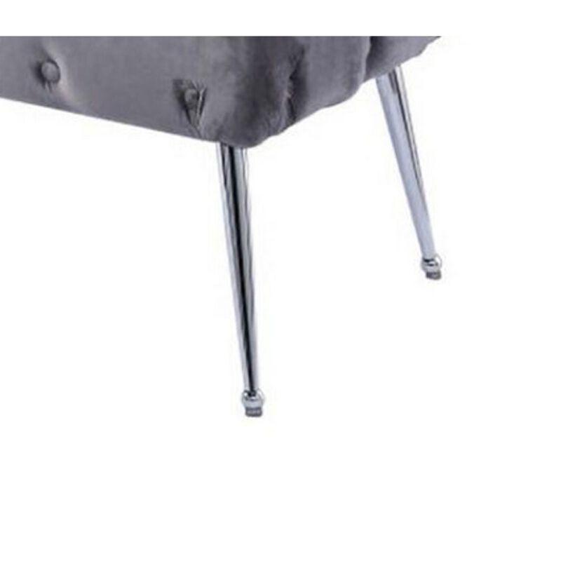 Rey 48 Inch Accent Bench, Tufted Gray Velvet Upholstery Padded Seat, Chrome - Benzara