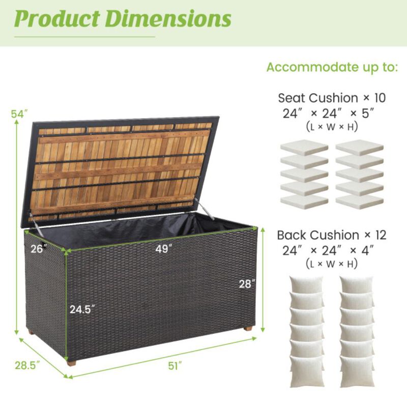 Hivvago 134 Gallon Rattan Storage Box with Zippered Liner and Solid Acacia Wood Top