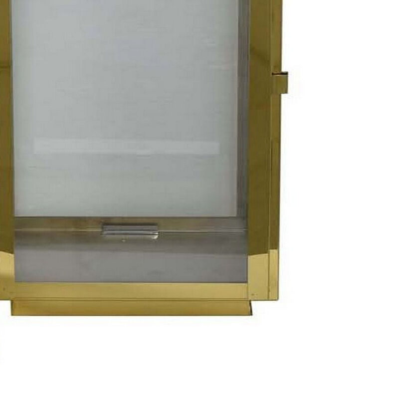 Davi Set of 3 Decorative Lanterns, Curved Handles, Glass Panel, Brass Metal - Benzara