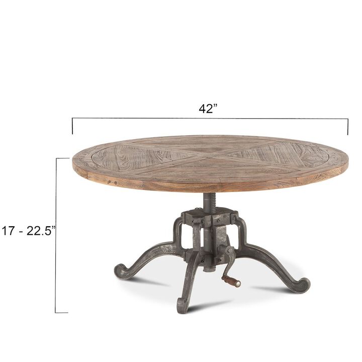 World Interiors Artezia 42-Inch Round Coffee Table with Reclaimed Teak Top and Adjustable Crank