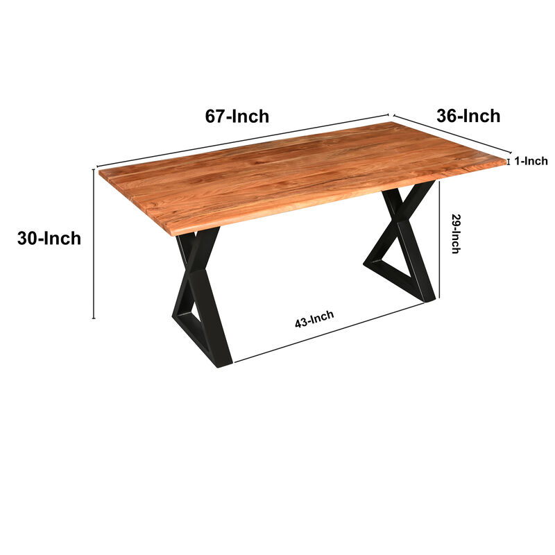 67 Inch Rectangular Dining Table with Crossed Black Metal Legs and Natural Brown Faux Live Edge Acacia Wood Top-Benzara