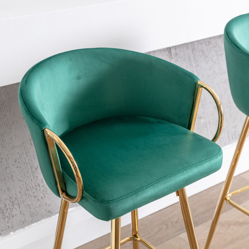Set of 2 Green Velvet Bar Stools with Chrome Base