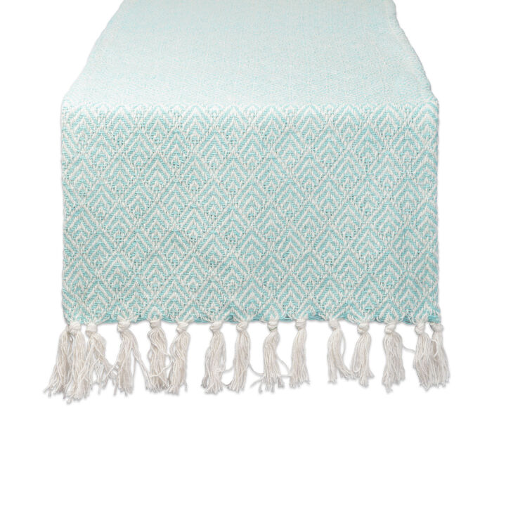 72" Aqua Blue and White Rectangular Diamond Weaved Table Runner