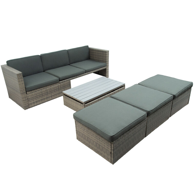 Patio Furniture Sets, 5-Piece Patio Wicker Sofa With Adjustable Backrest, Cushions, Ottomans