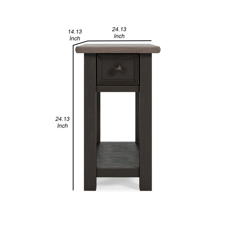 24 Inch Side End Table, Black Wood Base, Power Socket and USB Chargers-Benzara
