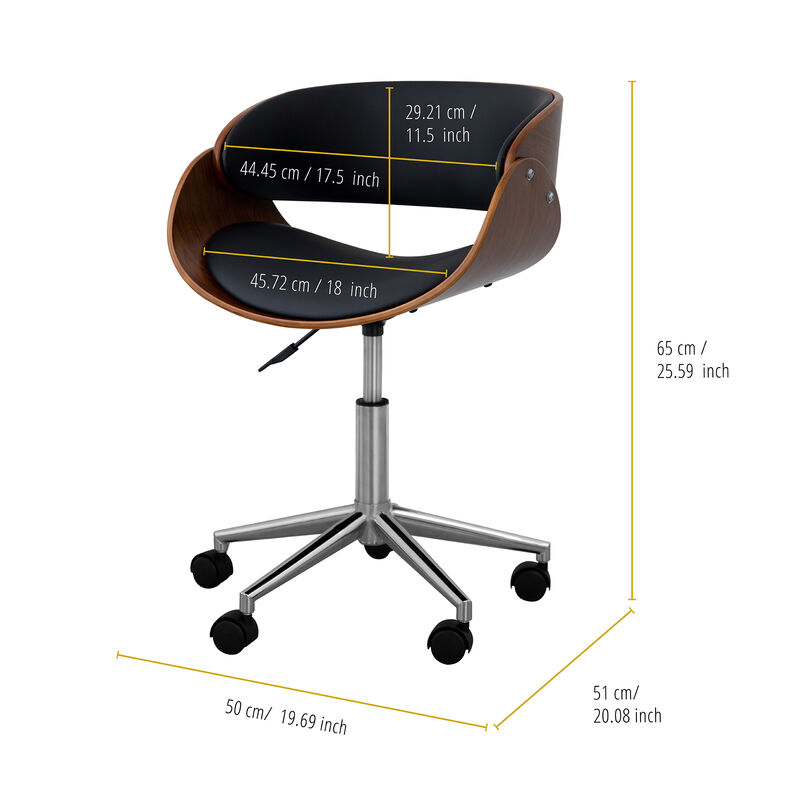 Teamson Home Faux Leather Curved Swivel Home Office Chair with Adjustable Seat Height, Black/Brown